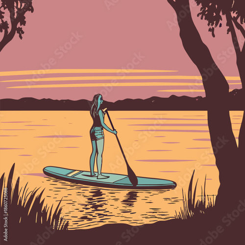 Serene Paddleboarding at Sunrise with Glowing Reflections