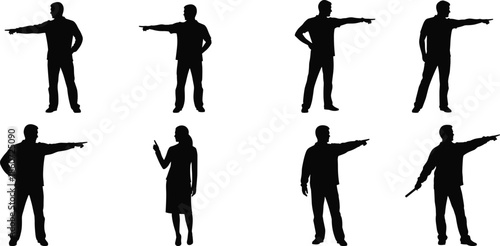 Collection of black silhouettes of people pointing in various directions woman