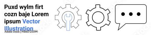 Gear with wrench, additional gear, and speech bubble, symbolizing teamwork, communication, innovation, engineering, collaboration problem-solving and support. Ideal for technology or simple landing
