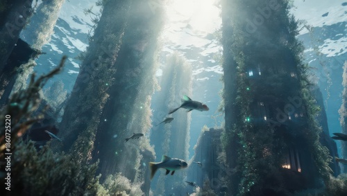 Underwater Kingdom with Majestic Fish and Sunbeams.