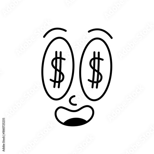 Cartoon money face with dollar sign eyes and open mouth. Funny vector expression for finance, business, and comic sticker themes.