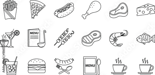 Collection of black and white line representing various food and drink french fries
