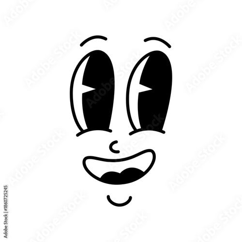 Happy cartoon face with big sparkling eyes and cheerful smile. Vector emoticon in hand-drawn retro comic look.