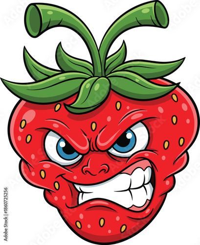Cartoon angry red strawberry with blue eyes and green leaves fruit face