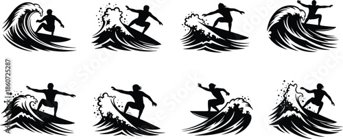 Black silhouettes of surfers riding waves surfing ocean 2