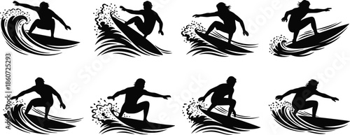 Black silhouettes of surfers riding waves surfing ocean 1