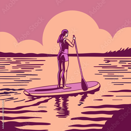 Serene Paddleboarding at Sunrise with Glowing Reflections