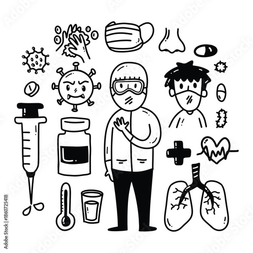 Black and white line art illustration of a doctor with a mask surrounded by COVID-19 related icons and medical equipment.