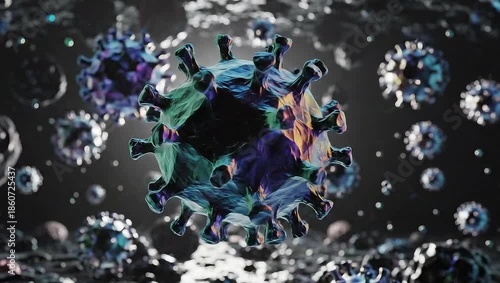 Abstract 3D rendering of coronavirus cells in a dark, microscopic environment, representing the global pandemic and viral threat.