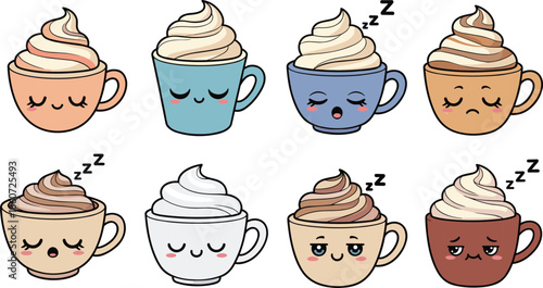 Cartoon coffee cups with faces and whipped cream