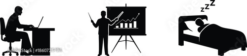 Black silhouettes of people working sleeping and presenting office work