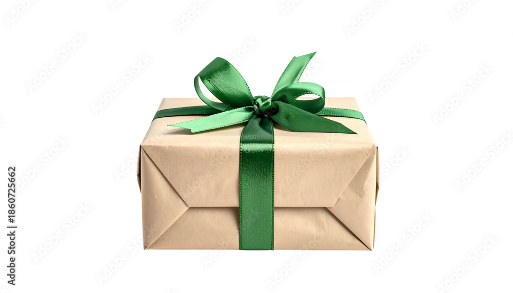 Fototapeta premium A wrapped gift, brown paper and green ribbon with a bow, isolated against black