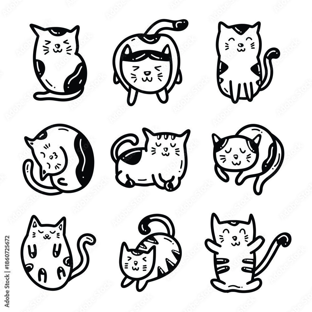 Fototapeta premium Nine cartoon cats with different expressions and poses in black and white line art on a white background.