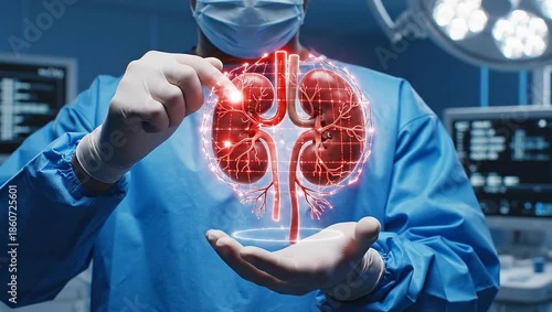 Surgeon holding a glowing holographic projection of human kidneys in an operating room, representing advanced medical technology and organ transplantation.