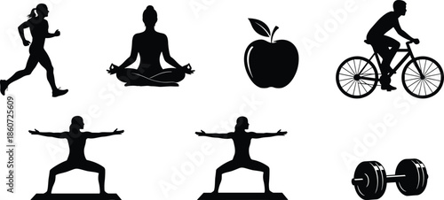 Black silhouettes of people running cycling meditating and exercising with weights and an apple