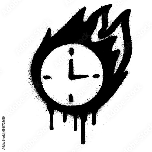Burning Clock Graffiti Symbol in Black Spray Paint with Flames and Drips