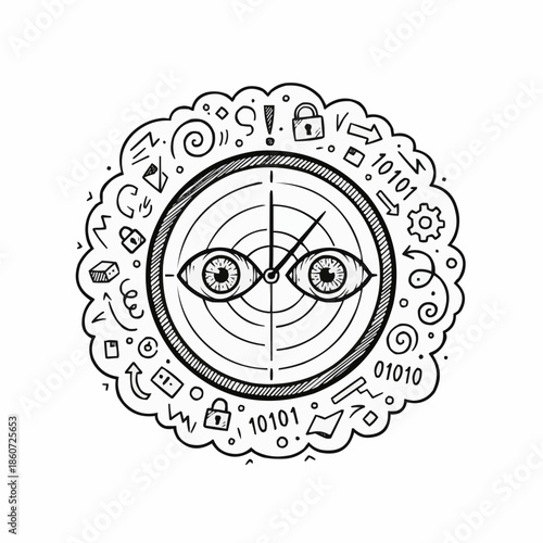 Stylized eye with binary code and security symbols around it