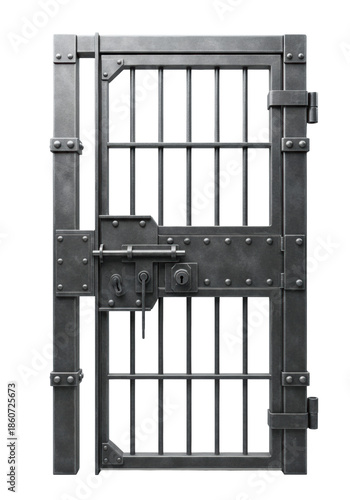 standalone, distressed matte dark gray industrial prison cell gate with thick steel bars, rivets, and a complex central locking mechanism, isolated on a transparent studio background. concept of