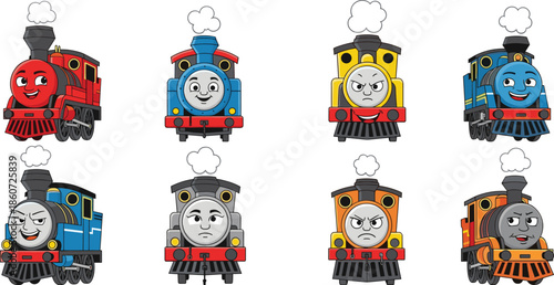 Cartoon trains with different colors and facial expressions locomotives steam engines