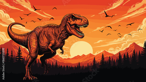 tyrannosaurus, rex, dinosaur, illustration, roaring, predator, sunset, landscape, mountains, forest, birds, dramatic, prehistoric, jurassic, wildlife, nature, art, vector, poster, design