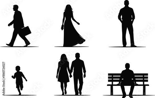 Black silhouettes of people in various poses on white background walking
