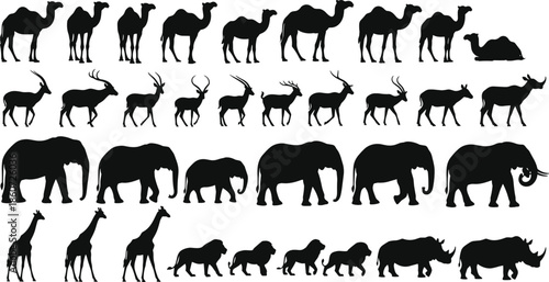wildlife, animal, silhouettes, set, safari, mammals, vector, collection, black, isolated, africa, nature, fauna, illustration, design, graphic, zoo, savanna, animals, icons