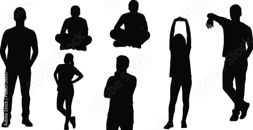 Black silhouettes of people in various poses on white background standing