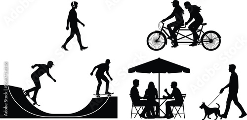 Black silhouettes of people engaging in leisure activities skateboarding