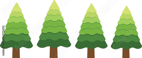 Four green pine trees with brown trunks on white background green trees cartoon trees