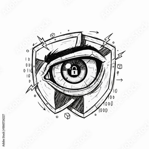Digital eye with padlock shield and binary code security concept