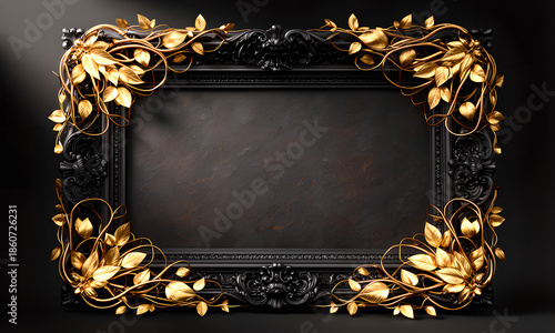 Opulent black baroque frame adorned with elegant golden leaves and textured dark copy space.