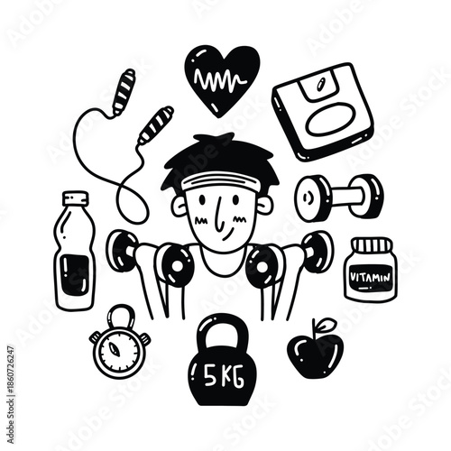 A cartoon man surrounded by fitness icons including dumbbells, a kettlebell, and a scale.