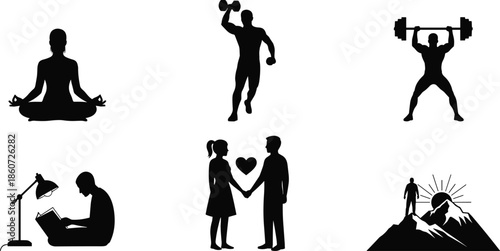 Black silhouettes of people doing various activities meditation exercise reading