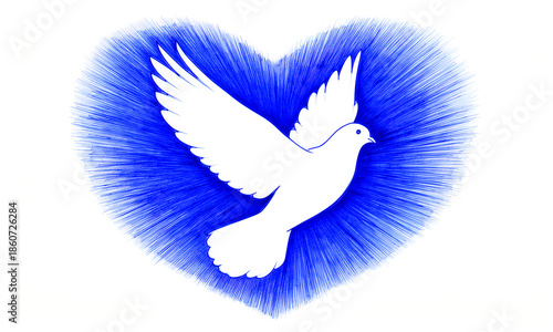 White dove with open wings flying in blue scribbled heart symbol of peace and love.
