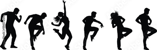 Black silhouettes of people dancing in various poses dance
