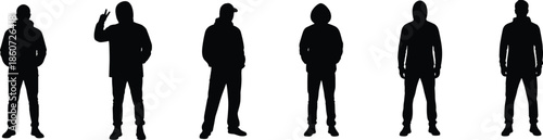 Black silhouettes of five men in different poses white background standing