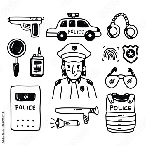 Black and white line art illustrations of police officer and various law enforcement items.