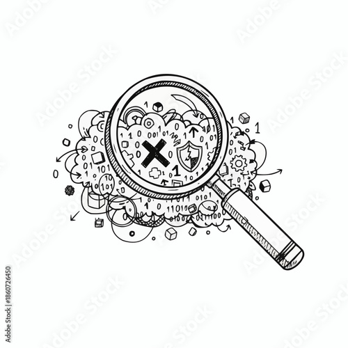 Cybersecurity concept with magnifying glass and binary code