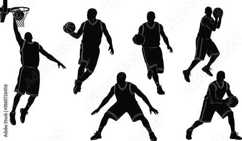 Black silhouettes of basketball players in various poses white background sports
