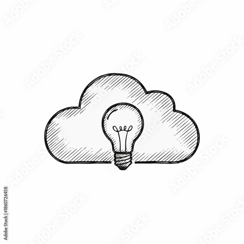 A hand-drawn cloud icon containing a glowing lightbulb, symbolizing innovation and ideas.