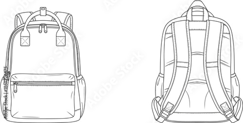 Line of backpack front and back line black and white straps zippers