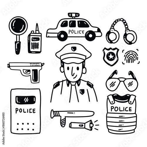 Black and white line art illustration of police officer and various law enforcement tools and symbols.