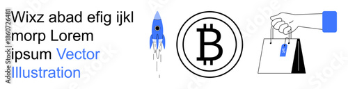 Cryptocurrency, digital payments, e-commerce, innovation, financial technology, blockchain. Bitcoin symbol, shopping bag with price tag rocket launch hand making a transaction. Cryptocurrency