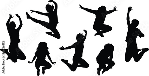 Black silhouettes of diverse people jumping and posing against a white background