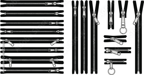 Black and white of zippers in various states zipper parts metal zippers zipper pulls