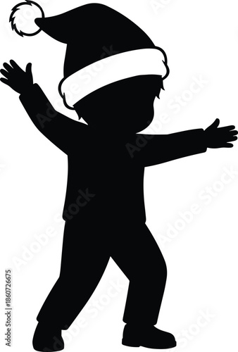Black silhouette of a child wearing a Santa hat with arms outstretched girl