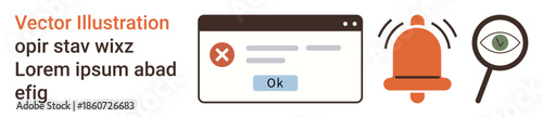 Web security, error detection, online notifications, cybersecurity, alert systems, data protection. Web page error message, alert bell and magnifying glass. Web security and error detection