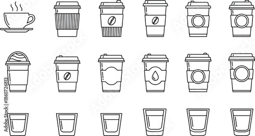 Black and white line of various coffee cups and glasses disposable cups line black and white