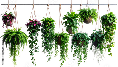 Several hanging plants in baskets, suspended from a horizontal rod, varying greenery
