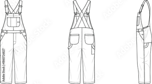 Line of white overalls with straps and pockets dungarees bib and brace